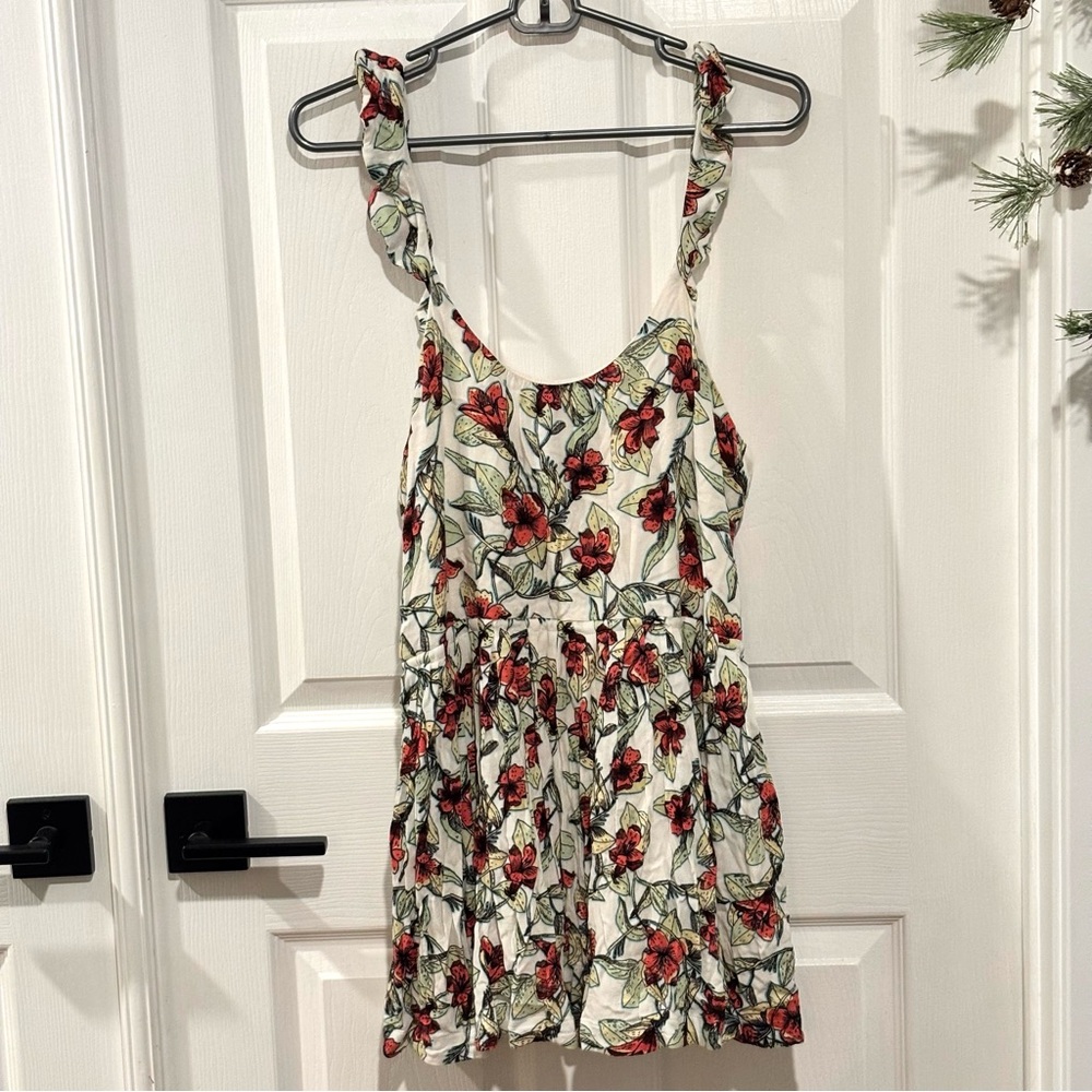 FREE PEOPLE Floral Tropical Ruffle Shoulder Side Tie POCKETS Mini Dress SIZE XS